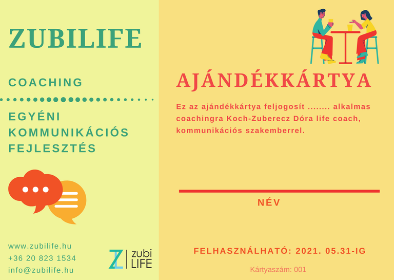 Ajándékkártya-minta sárga és zöld színekkel, két beszélgető alakkal és ZubiLife coaching felirattal