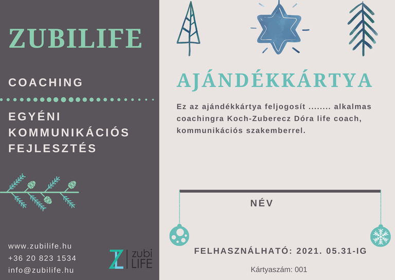 Karácsonyi ajándékkártya-minta fenyőkkel és csillaggal, ZubiLife coaching felirattal, név- és érvényességi mezővel